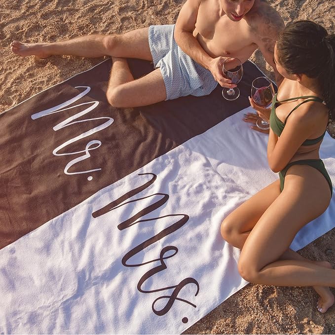 Ethisa Mr and Mrs Beach Towel - Honeymoon Just Married Towel For Beach - Wedding Gift for Newlywed Couple - Shareable Bride and Groom Towel Set - Thin Travel Friendly His and Her Beach Towel - 78"x59" - Image 5