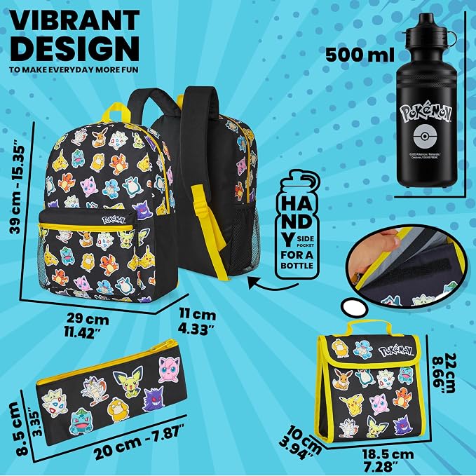 Pokemon Backpack Set 4 Pcs for Kids with Backpack Water Bottle Pencil Case Lunch Bag or Wallet Anime School Supplies Gifts (Black/Multi) - Image 5