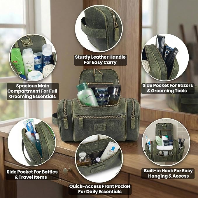 LEATHER VILLAGE Genuine Leather Travel Dopp Kit for Men & Women – Water-Resistant Large-Capacity Hanging Toiletry Bag for Travel, Grooming, Bathroom Organization, Shaving Essentials & Gym Use - Olive - Image 3