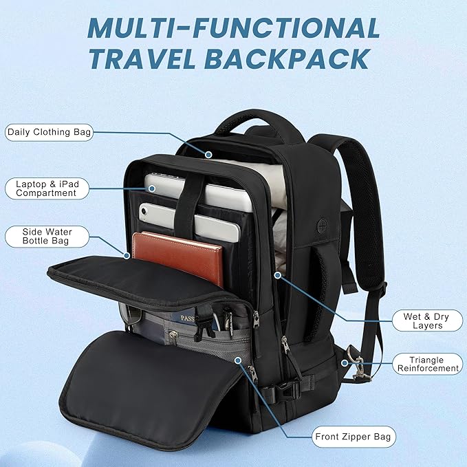 Sinaliy Travel Backpack, Carry on Flight approved Travel Bag with Multi-Pockets, Waterproof 17.3inch Laptop Backpack for Men Women, Black | Waterproof 17.3 Inch Laptop Backpack with Multi-Pockets, Personal Item Travel Bag for Men for Work, College, Bus... - Image 4