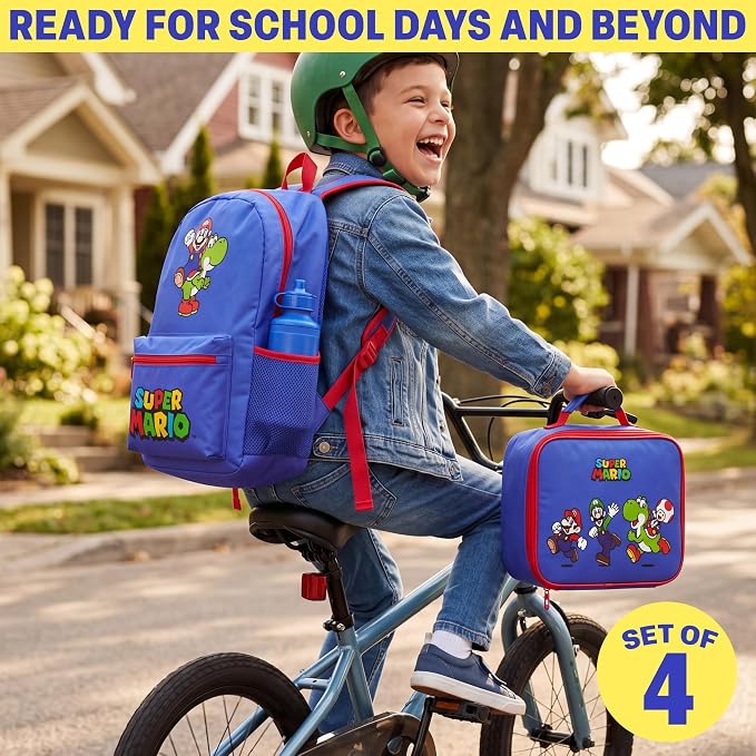 Get Trend Super Mario Boys Backpack 4 Piece Set | 18 In Bookbag with Insulated Lunch Bag, Pencil Case & BPA-Free Water Bottle, Adjustable Padded Straps, Gamer Gifts for Boys - Image 5