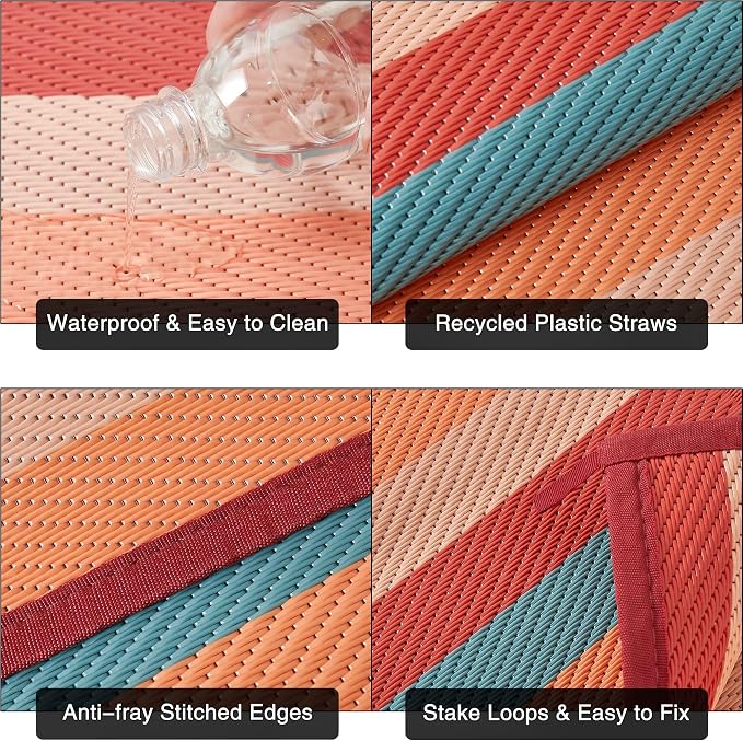 PureCozy Outdoor Waterproof Patio Rug 8x10 Plastic Straw Reversible Outside Orange Red Colorful Striped Carpet Lightweight Large Rug for Camping RV Porch Deck Balcony Beach - Image 7