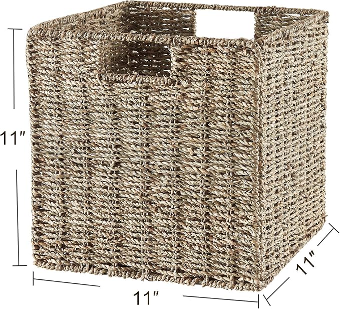 Vagusicc Wicker Storage Basket, Set of 2 Seagrass Storage Baskets, Foldable Wicker Basket 11 Inch Square Cube Storage Bins Storage Baskets for Organizing Shelf Baskets, 11''x11''x11'' - Image 2