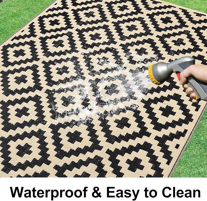 Smiry Waterproof Outdoor Rug 5x8 ft, Reversible Plastic Straw Patio Camping Rugs, Outdoor Indoor RV Mat Carpet for Patio, Outside Entry, Backyard, Deck, Bench, Picnic, Camper, Black & Beige - Image 2