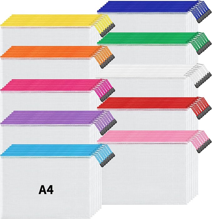 JARLINK A4 Letter Size 72 Pack 10 Colors Zipper Mesh Document Pouch, Mesh Bags for Board Games & Puzzles, Waterproof Document Zipper Pouches for Office School Supplies, Toys, Cosmetics Travel Storage by JARLINK