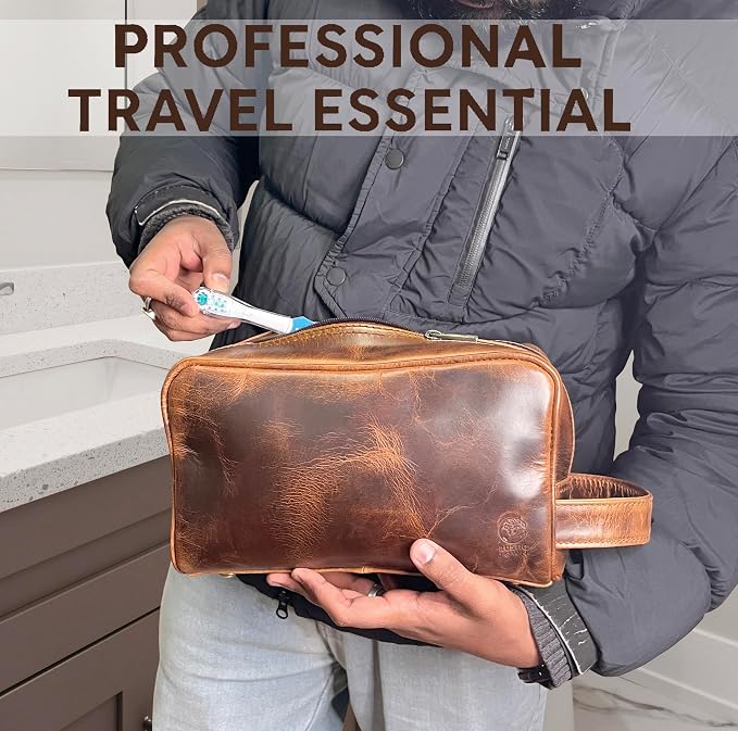 RUSTIC TOWN Leather Toiletry Bag for Men - Travel Shaving Ditty Kit - Bathroom Shower Toiletries Organizer - Leather Cosmetic Bag for Women (Antique Brown) - Image 2