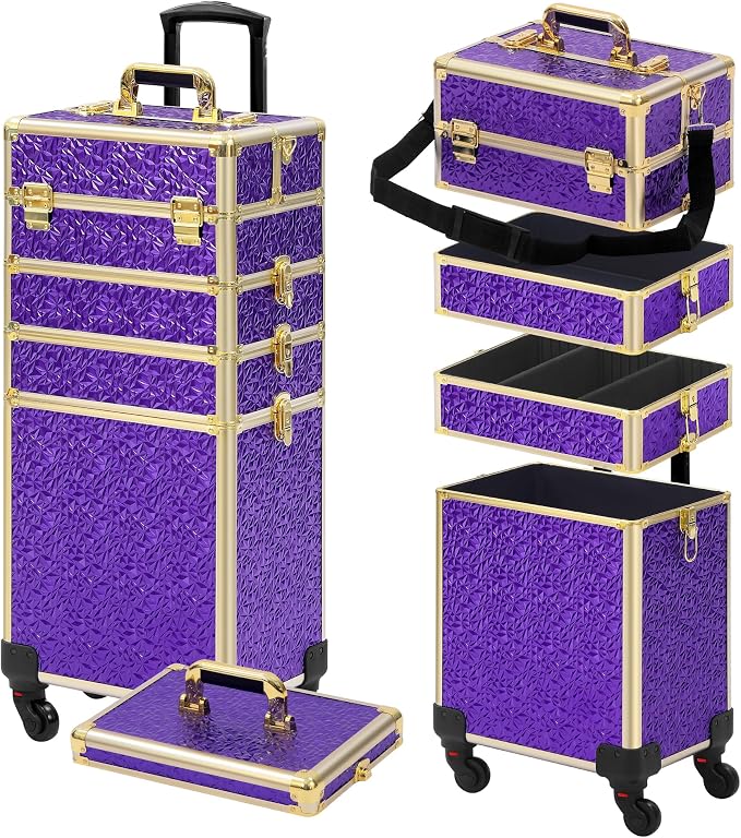 Somduy Rolling Makeup Case, Makeup Train Case with Lid, 5 in 1 Cosmetology Case on Wheels, Christmas Gift, Large Makeup Organizers, Profesional Cosmetic Case for Salon Barber, Purple Gold by Somduy