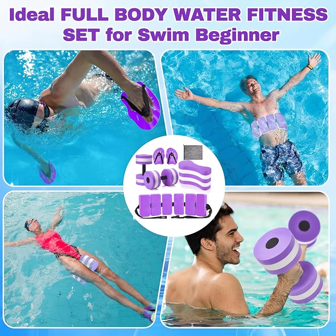 7 Pcs Pool Exercise Set Including 2 Lightweight Aquatic Dumbbells, 2 Swimming Hand Paddles, Pull Buoy, Pool Mesh Bag Swim Belt Sport Equipment for Water Aerobics Exercise - Image 7