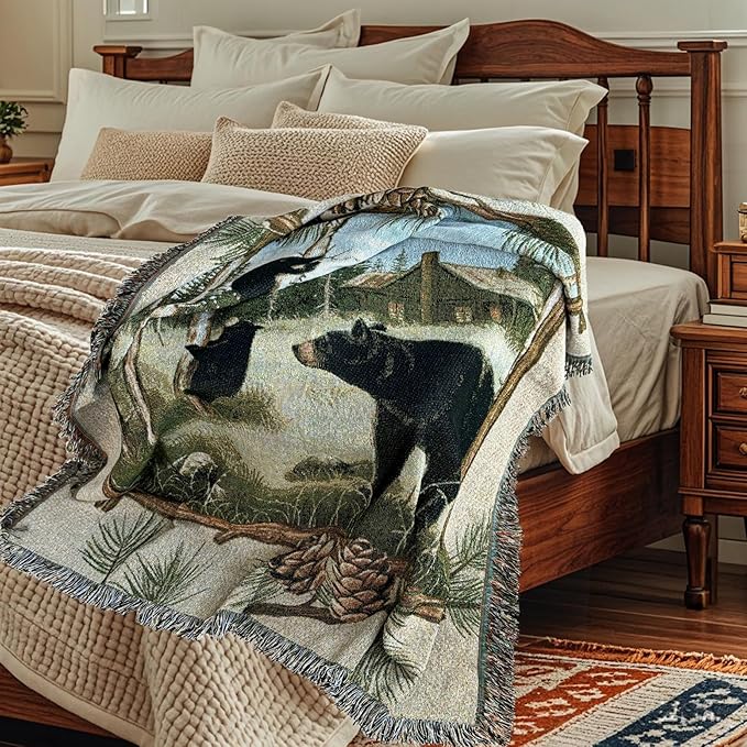 Log Cabin Bear Family Woven Tapestry Throw Blanket Wall Hanging Art Handicrafts Jacquard Multipurpose Soft Travel Mat Outdoor with Fringe Tassels 50 X 60 Inches