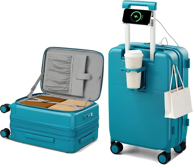 Hanke 20 Inch Expandable Carry On Luggage with Cup Holder 22x14x9 Airline Approved, Top Opening Hard Shell Suitcases with Wheels, Carry-On Travel Suitcase Trunk Luggage with Lock, Caribbean Blue by Hanke
