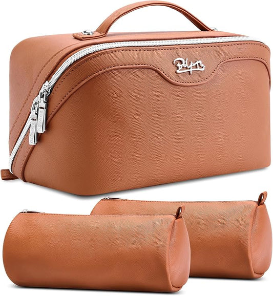 BOYATU Travel Makeup Bag Organizer Cosmetic Bag: 3 Pcs Set Make up Bags for Women with Handle - Waterproof Vegan Leather Toiletry Bags Travel Essentials Pouch with Compartments (C-02-Brown) by BOYATU
