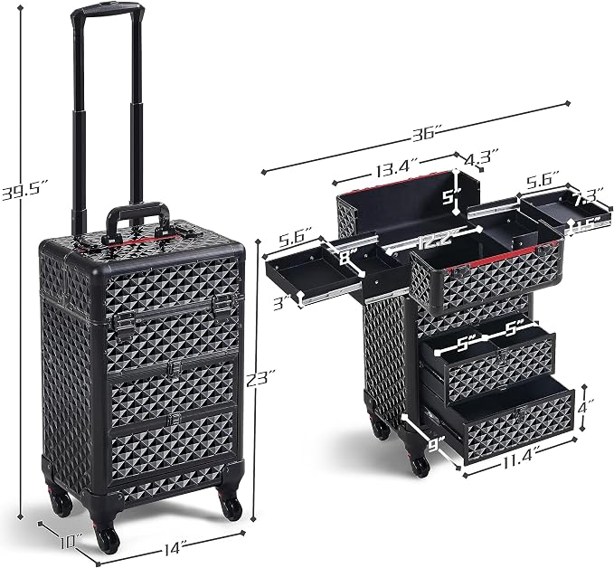 Yaheetech Rolling Makeup Train Case with 2 Drawers Nail Cart Beauty Trolley | Sturdy ABS & aluminum tattoo cart organizes cosmetic supplies in side trays & 2 drawers, rolls smoothly & lockable for travel - Image 4