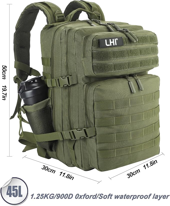 LHI Military Tactical Backpack for Men and Women 45L Army 3 Days Assault Pack Bag Large Rucksack with Molle System - Green - Image 5