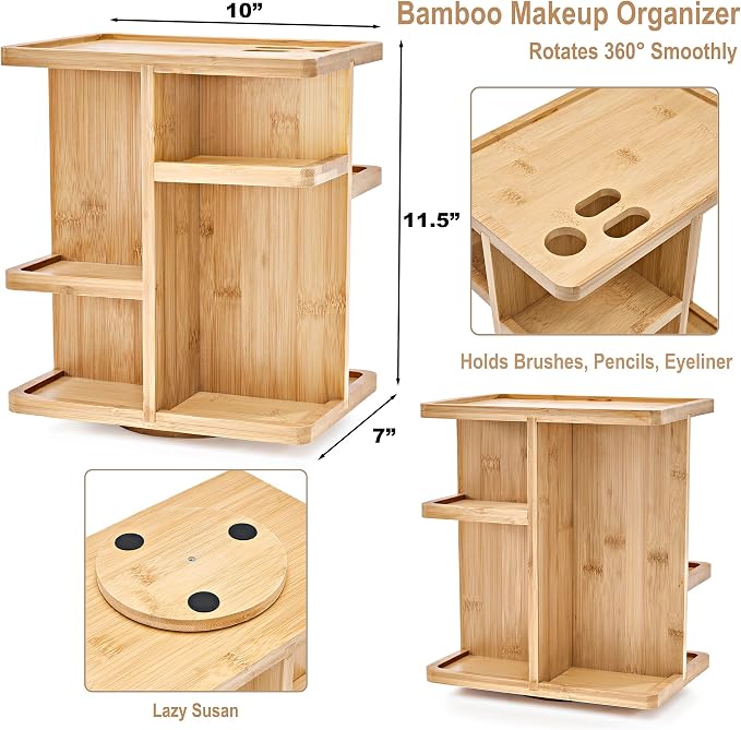 Sorbus 360° Makeup Organizer - Bamboo Wood Make Up Storage Carousel for Cosmetics, Skin Care Rotating Makeup Organizer for Vanity, Bathroom Storage - Image 3