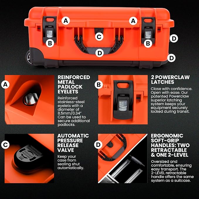 NANUK 935 Pro Photo Kit – Waterproof Travel Camera Hard Case with Padded Dividers and Wheels, 22” x 14” x 9” - Dustproof and Impact Resistant, Airline Carry-On Approved – Orange | IP67 Waterproof and Dustproof Nk-7 Resin Wheeled Case, Powerclaw Latches... - Image 7