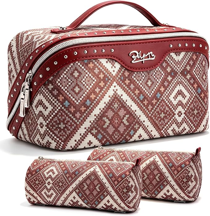 BOYATU Travel Makeup Bags for Women: Western Studded Boho Large Capacity Cosmetic Organizer - Wild, free, Punk Style - 3Pc Waterproof Toiletry Set with Blush Compartment - No Chaos & Easy Clean Red by BOYATU