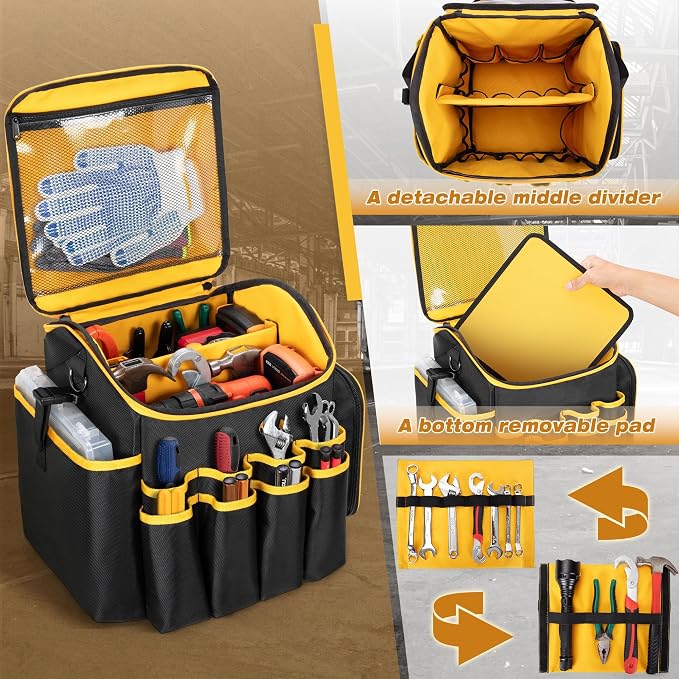 Marscamd Tool Bag with a Detachable Divider and Shoulder Strap, Heavy Duty Tool Tote with Multiple Pockets, Black - Image 2