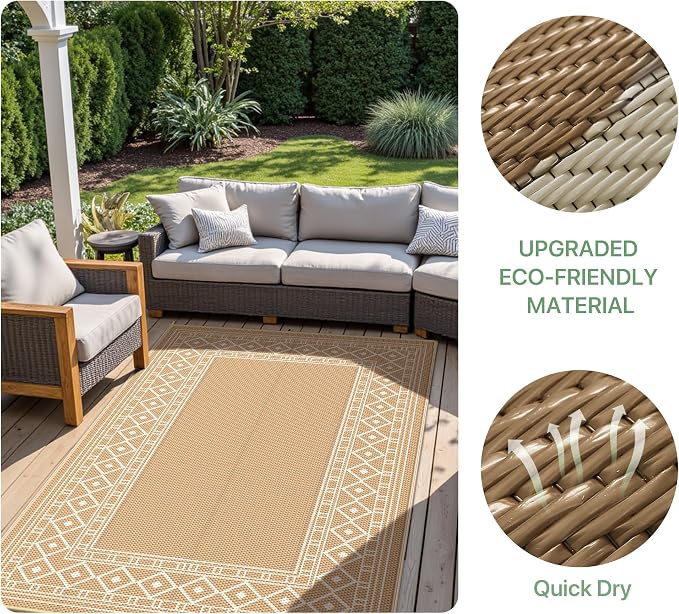 GENIMO Outdoor Rug, Waterproof Plastic Rugs for Patio, 6'x9' Brown Beige | Outside Larger Modern Carpet Mat for Porch Decor, Deck, Balcony, Camping, RV, Backyard, Picnic, Beach, Reversible - Image 7