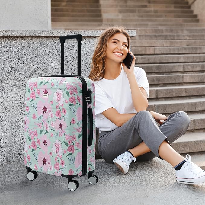 Merax 5 Piece Luggage Set with Spinner Wheels, Light Suitcase 8/14/20/24/28 | Durable Carry on Luggage with Handbag and Cosmetic Case Suitable all Ages,Green Pink Flower - Image 7