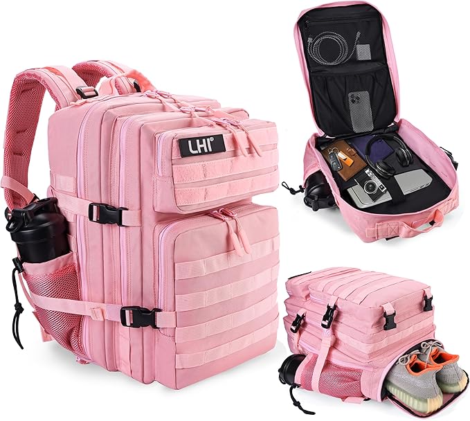 LHI Military Tactical Backpack for Men and Women 45L Army 3 Days Assault Pack Bag Large Rucksack with Shoe Compartment - Pink by LHI