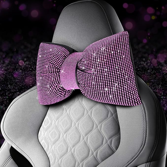 4 PCS Bling Car Pillows,Rhinestones Bowknot Car Headrest Pillow,Pink | Car Neck Pillow for Driver Relax Neck Support,Sleeping Travel Support Neck Pillow,Diamond Interior Accessories for Women - Image 2