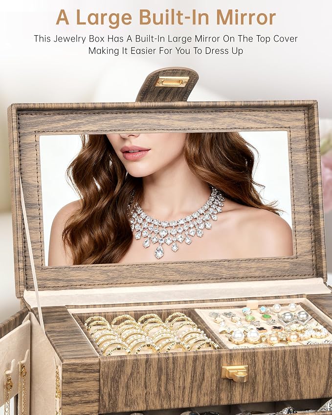 AKOZLIN 6-Tier Jewelry Box Organizer Functional 5 Drawers Leather Jewelry Storage Case for Women Girls Ring Necklace Earring Bracelet Holder Organizer with Mirror XL Wood Grain 360° Rotating - Image 5