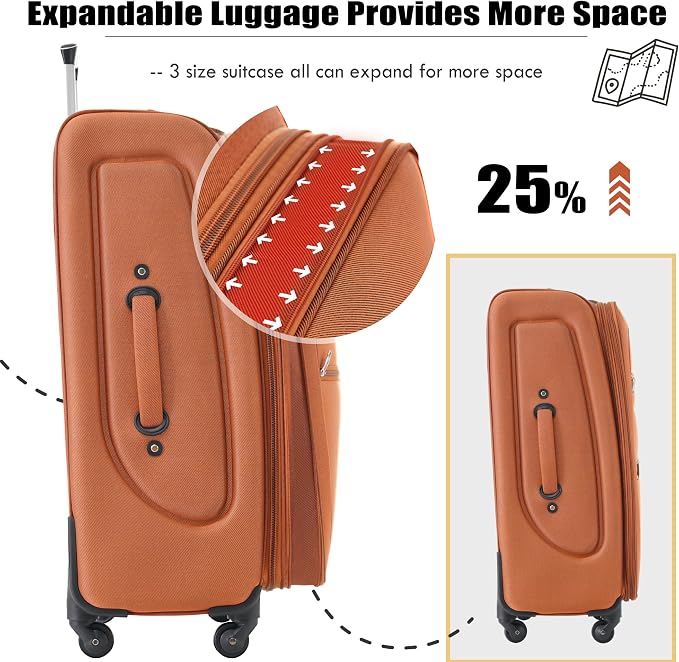 Merax Softside Luggage Set, Travel Suitcase Expandable Lightweight 3 Piece | Luggage Sets with Spinner Wheels 22" 26" 30" Suitcase with TSA Lock (Orange) - Image 4