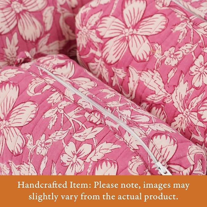 Saffron Marigold Quilted Makeup Bag Set of 3, Hand Block Printed Cotton Cosmetic Bags for Women, Waterproof Lined Travel Toiletry Bag, Coquette Floral Aesthetic, Handmade Gift, Mauve Mist Oleander - Image 2