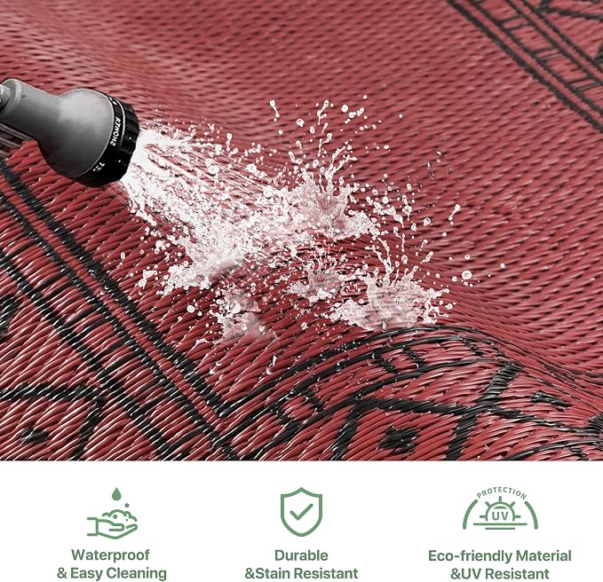 GENIMO Outdoor Rug, Waterproof Plastic Rugs for Patio, 6'x9' Red Black | Outside Larger Modern Carpet Mat for Porch Decor, Deck, Balcony, Camping, RV, Backyard, Picnic, Beach, Reversible - Image 5