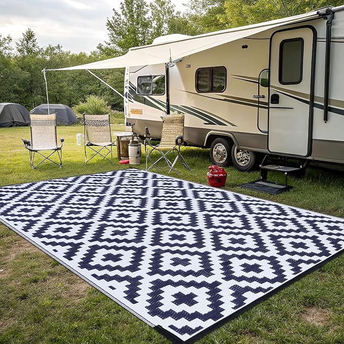Smiry Waterproof Outdoor Rug 8x10 ft, Reversible Plastic Straw Patio Camping Rugs, Outdoor Indoor RV Mat Carpet for Patio, Outside Entry, Backyard, Deck, Bench, Picnic, Camper, White & Navy - Image 7