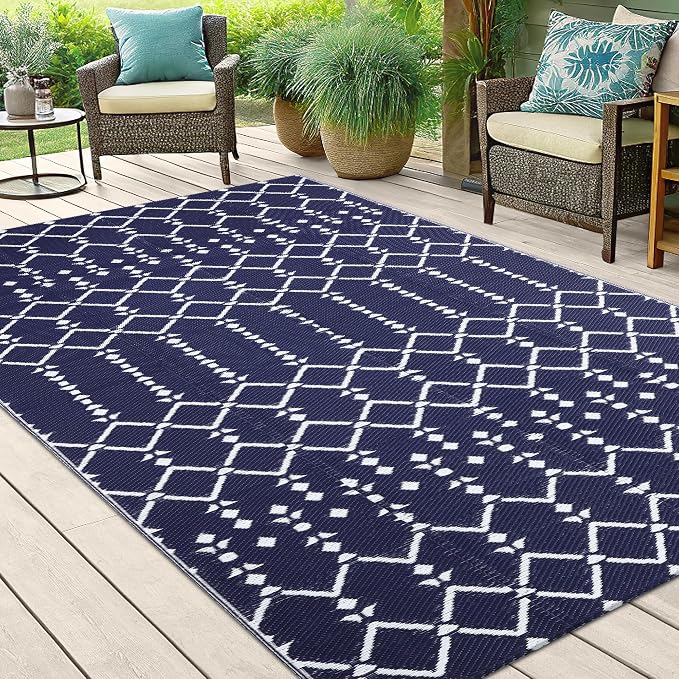 Smiry Outdoor Rug 5x8 ft, Waterproof Reversible Plastic Straw Rugs, Boho Outdoor Area Rug, Outside Floor Mat for Patio, Backyard, Deck, Picnic, Beach, Camping, Navy - Image 6