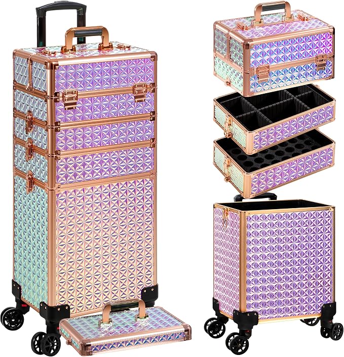 AROUS 5 in 1 Rolling Makeup Train Case with Lid Cosmetology Case on Wheels | Large Cosmetic Trolley Organizer with Keys Salon Barber Case Traveling Cart Trunk for Artist Hairstylists Nail Tech, Colorful by Unknown