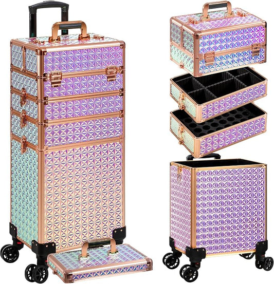 AROUS 5 in 1 Rolling Makeup Train Case with Lid Cosmetology Case on Wheels | Large Cosmetic Trolley Organizer with Keys Salon Barber Case Traveling Cart Trunk for Artist Hairstylists Nail Tech, Colorful by Unknown