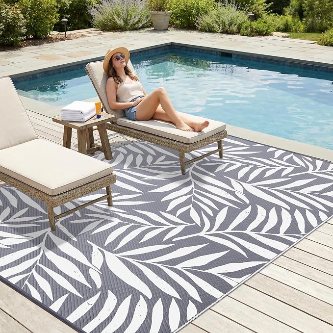 Smiry Outdoor Rug 8x10 ft, Waterproof Reversible Plastic Straw Rugs, Outdoor Area Rug with Leaf Pattern, Outside Floor Mat for Patio, Backyard, Deck, Picnic, Beach, Camping, Grey & White - Image 3