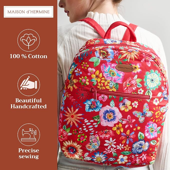 Maison d' Hermine Backpack for Women Men Cotton Shoulder Multipurpose Rucksack with Small Pouch Lightweight Multi Pocket for Travel Work Beach Perfect for Spring Summer (Happy Florals - Red) - Image 2