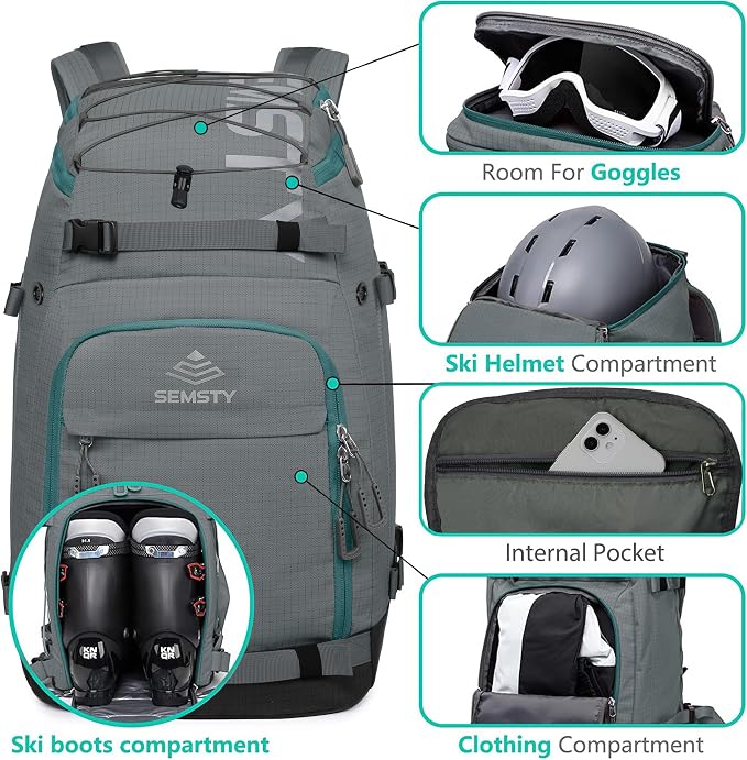 Ski Boot Bag, 55L/70L Waterproof Ski and Snowboard Boots Travel Backpack for Skis, Snowboard, Ski Helmet, Goggles, Gloves & Accessories - Image 3