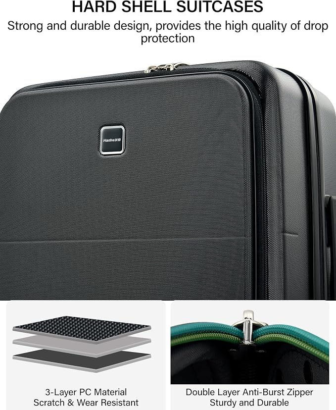 Hanke 20 Inch Expandable Carry On Luggage with Cup Holder 22x14x9 Airline Approved, Top Opening Hard Shell Suitcases with Wheels, Carry-On Travel Suitcase Trunk Luggage with Lock, Jet Black - Image 8