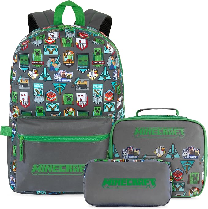 Get Trend Minecraft Kids Backpack Set for Boys with Insulated Lunch Bag & Pencil Case, 3 Pc Book Bag with Padded Straps for School, Travel, Creeper Gamer Gifts for Boys (Grey/Green Minecraft) by GetTrend