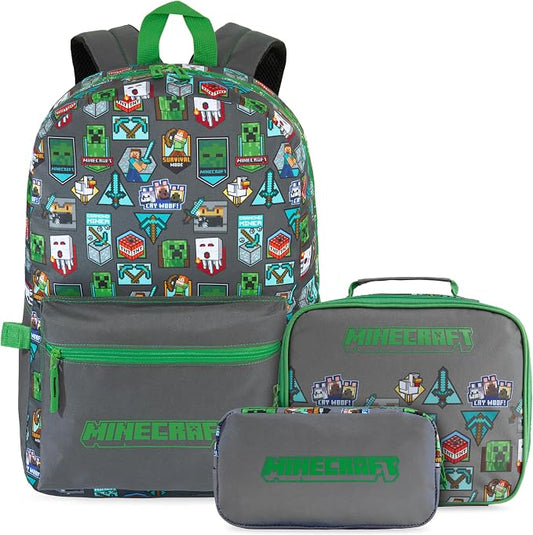 Get Trend Minecraft Kids Backpack Set for Boys with Insulated Lunch Bag & Pencil Case, 3 Pc Book Bag with Padded Straps for School, Travel, Creeper Gamer Gifts for Boys (Grey/Green Minecraft) by GetTrend