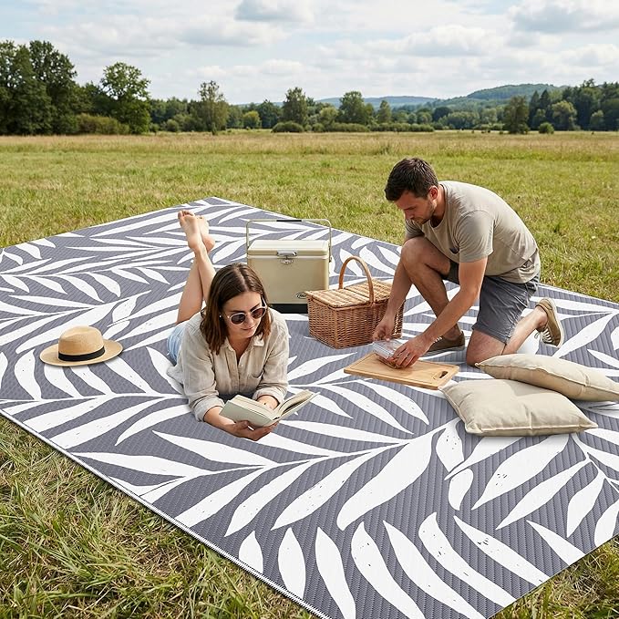 Smiry Outdoor Rug 5x8 ft, Waterproof Reversible Plastic Straw Rugs, Outdoor Area Rug with Leaf Pattern, Outside Floor Mat for Patio, Backyard, Deck, Picnic, Beach, Camping, Grey & White - Image 4