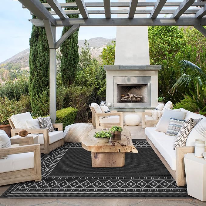 GENIMO Outdoor Rug, Waterproof Plastic Rugs for Patio, 5'x8' Black Grey | Outside Larger Modern Carpet Mat for Porch Decor, Deck, Balcony, Camping, RV, Backyard, Picnic, Beach, Reversible - Image 2