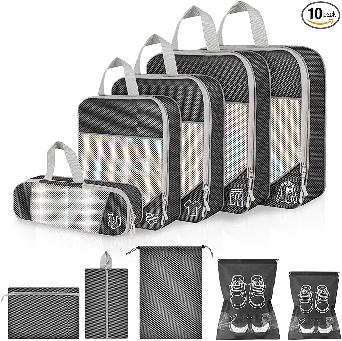Suitcase Organiser Set, 10 Pieces, Packing Cube, Compression with Shoe Bag & Document Bag, Travel Organiser for Suitcases & Backpack, Travel Essentials, Waterproof & Breathable (Black) by Unknown