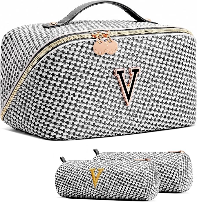Personalized Gift Travel Makeup Bag: Initial Makeup Organizer Bag for Women | 3-in-1 Custom Make up Bag Set - Vegan Leather Travel Cosmetic Bag - Luxury Gift for Women – Birthday, Anniversary, Graduation by Unknown