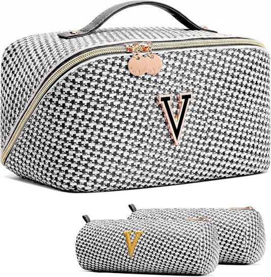 Personalized Gift Travel Makeup Bag: Initial Makeup Organizer Bag for Women | 3-in-1 Custom Make up Bag Set - Vegan Leather Travel Cosmetic Bag - Luxury Gift for Women – Birthday, Anniversary, Graduation by Unknown