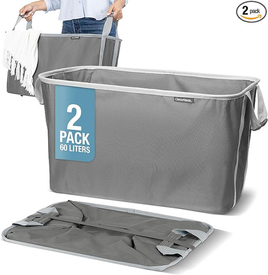 CleverMade Collapsible Laundry Basket 2 Pack – 60L (16 Gal) Foldable Clothes Hamper with Reinforced Handles, Space Saving Fabric Laundry Bin, Holds 55 lbs, Flat Folding for Dorm, Apartment & RV - Charcoal by CleverMade