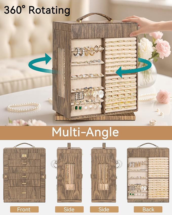 AKOZLIN 6-Tier Jewelry Box Organizer Functional 5 Drawers Leather Jewelry Storage Case for Women Girls Ring Necklace Earring Bracelet Holder Organizer with Mirror XL Wood Grain 360° Rotating - Image 4