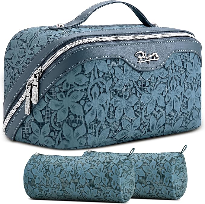 BOYATU Travel Makeup Bag Cosmetic Bags for Women: Large Capacity 3 Pcs Set Make up Bag with Compartments - Waterproof Vegan Leather Toiletry Organizer Bags with Handle (Z-63Blue) by BOYATU