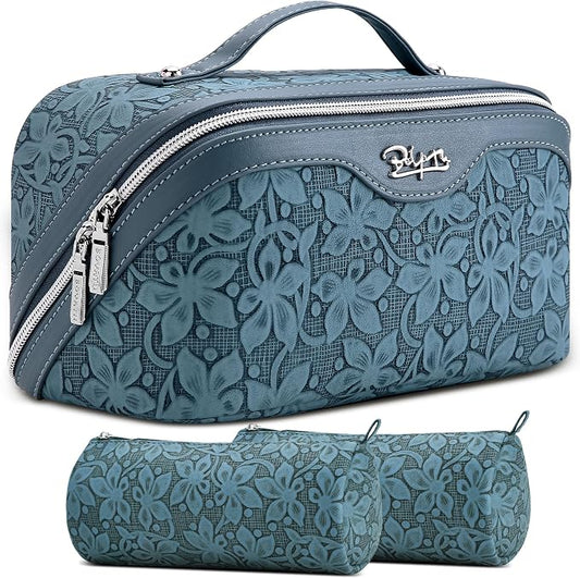 BOYATU Travel Makeup Bag Cosmetic Bags for Women: Large Capacity 3 Pcs Set Make up Bag with Compartments - Waterproof Vegan Leather Toiletry Organizer Bags with Handle (Z-63Blue) by BOYATU