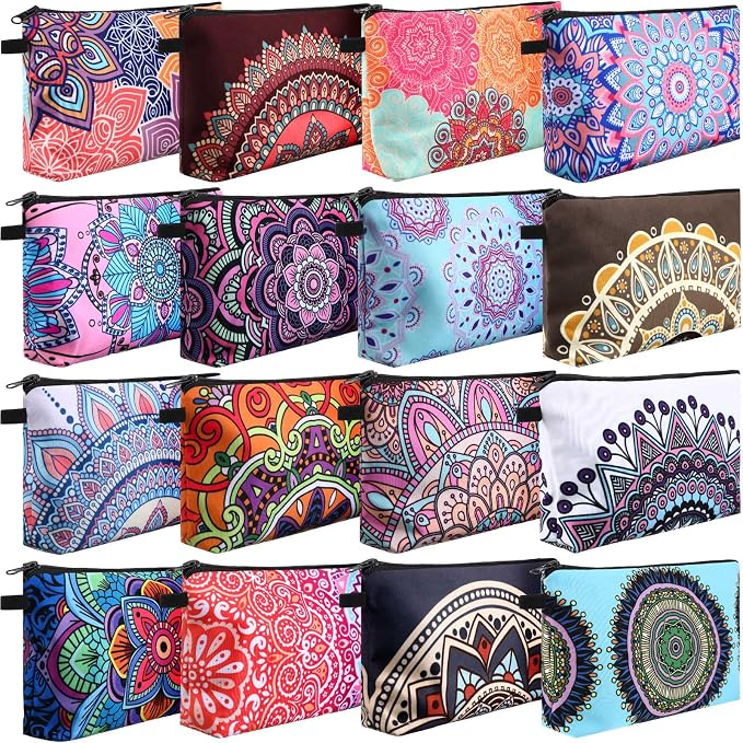 Dunzy 16 Pcs Bulk Makeup Bag for Women Appreciation Gifts for Teacher Canvas Cosmetic Bags with Zipper Pouches Waterproof Travel Toiletry Organizer for Girls Mother Teacher Nurse Bridesmaids (Mandala) by Dunzy