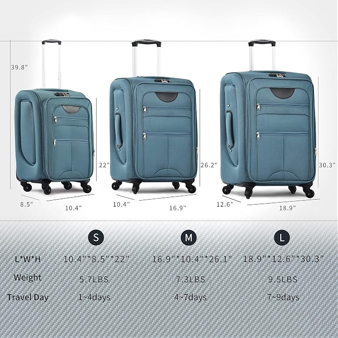 Merax Softside Luggage Set, Travel Suitcase Expandable Lightweight 3 Piece | Luggage Sets with Spinner Wheels 22" 26" 30" Suitcase with TSA Lock (Blue Green) - Image 7